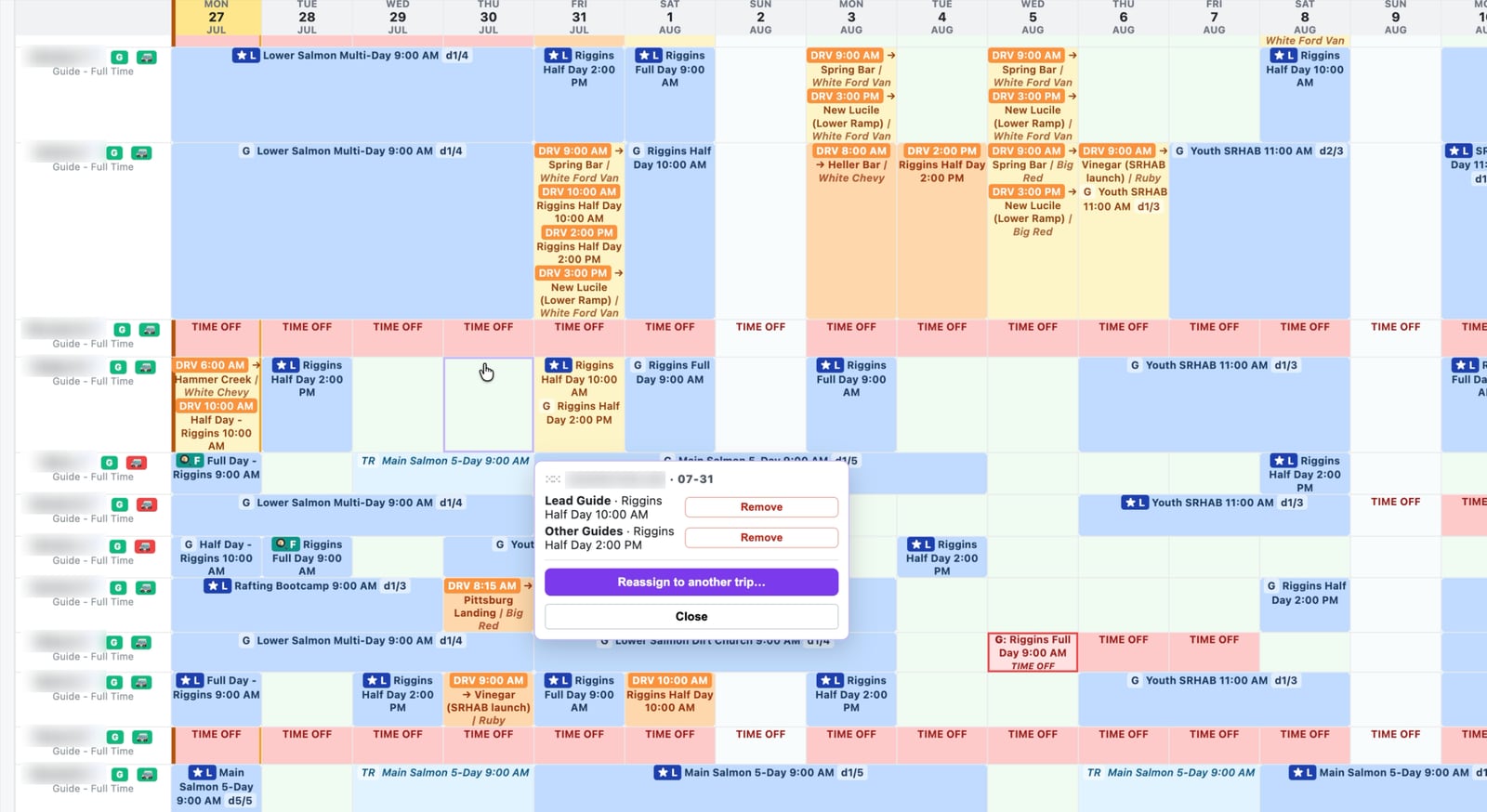 The crew board: each guide's row across two weeks, showing which trip they lead or guide each day, their driving shifts with the van and pickup point, days off, a conflict flagged in red, and an open panel to reassign a guide to another trip. Names redacted.