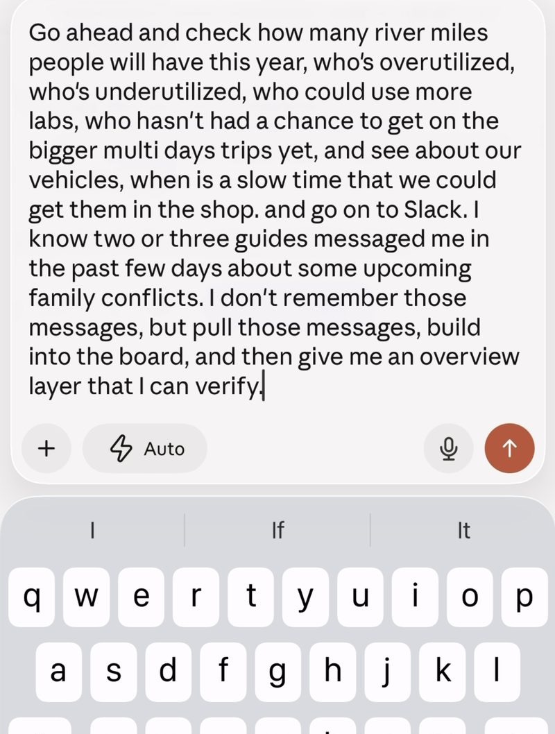 The same request transcribed in full, ending with an instruction to pull recent guide messages about scheduling conflicts, build them into the board, and return an overview layer for a person to verify.